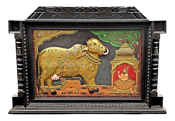 Large Kasyapa Worshipping Kamdhenu Tanjore Painting | Traditional Colors With 24K Gold | Teakwood Frame | Gold & Wood | Handmade | Made In India