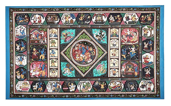 37" x 23" Life Events of Lord Krishna Patachitra Paintings |Traditional Colors | Handmade | Krishna Leela Patachitra Paintings | Made in India