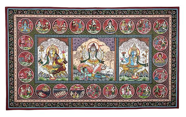 39" x 23" Story of Lord shiva Patachitra Paintings |Traditional Colors | Handmade | Ardhanarishvara Patachitra Paintings | Made in India | Lord Shiva Life Story Displayed in Patachitra Painting