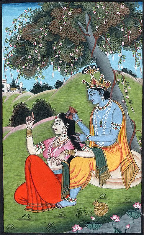 Radha Viewing Her Shringara in Arsi - Thumb Ring Being Performed by Shri Krishna