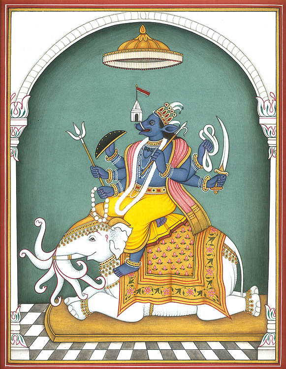 Varaha Incarnation of Lord Vishnu Seated on Seven Trunked White Elephant