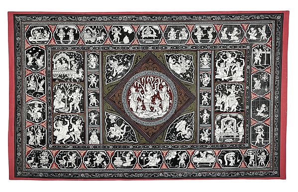 38" x 24" Super fine Shri Krishna Lila Pata Showing Different Episodes From His Life Patachitra Painting | Handmade | Shri Krishna Lila Patachitra Paintings | Made in India