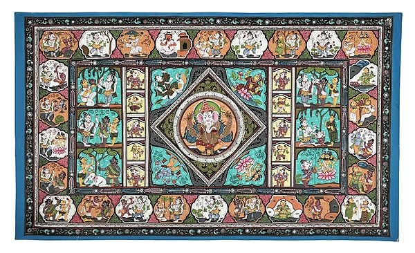 39" x 24" Bhagwan Ganesh Leela Patachitra Painting | Traditional Color | Handmade | Lord Lila Patachitra Paintings | Made in India