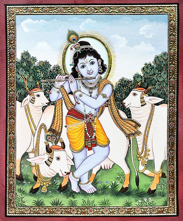 Enticing Bala Gopala with Adorable Holy Cows