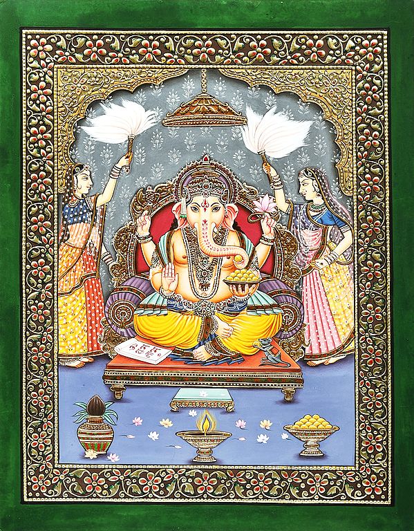 Auspicious Lord Ganesha with Riddhi and Siddhi
