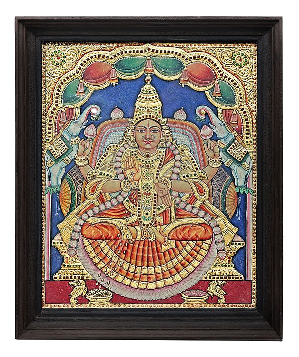 Goddess Gaja Lakshmi Tanjore Painting | Traditional Colors With 24K Gold | Teakwood Frame | Gold & Wood | Handmade | Made In India