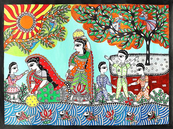 28" x 20" An Early Morning  Scene In Village |Traditional Colors | Handmade | Village Madhubani Paintings |Made in India