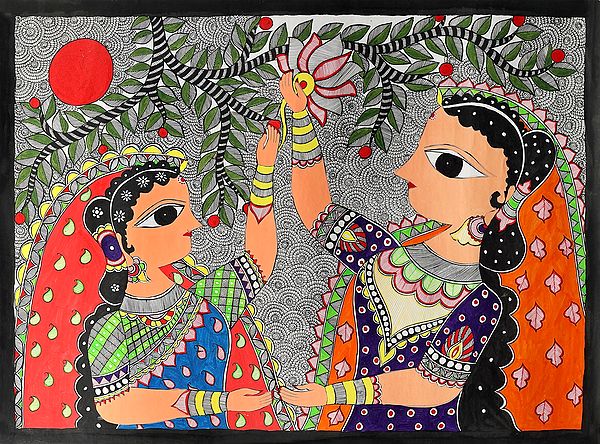 28" x 20" Two Ladies Are Plucking The Flowers And Fruits |Traditional Colors | Handmade | Women Madhubani Paintings |Made in India