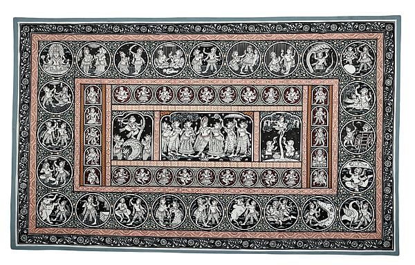 38" x 24" Bitone Krishnaleela Series Patachitra Paintings | Handmade | Shri Krishna Lila Painting | Made in India