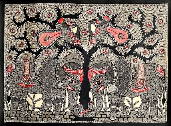 Elephant and Peacock Pair With The Magnificent Tree Of Life