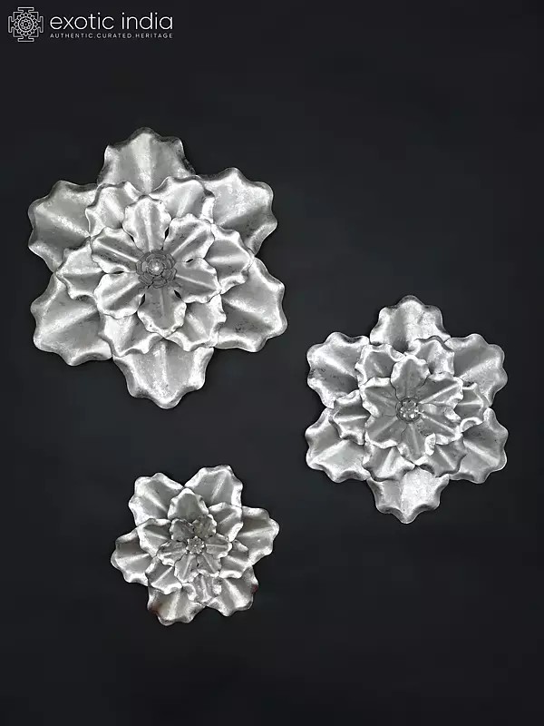 16" Set of Three Decorative Flowers in Silver Finish | Wall Decor