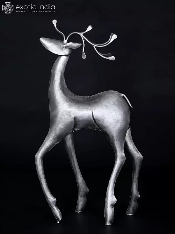 34" Large Decorative Iron Reindeer with Silver Finish | Home Decor