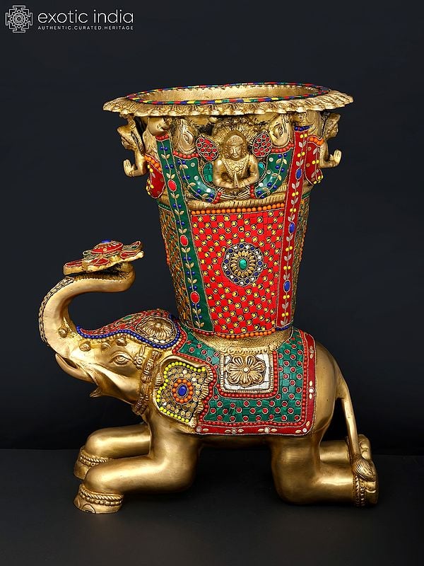 21" Elephant Design Vase | Brass with Inlay Work