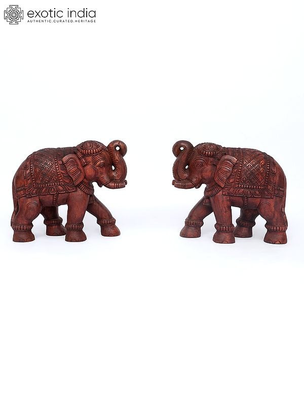 18" Pair of Two Elephants with Upraised Trunk | Wood Carving