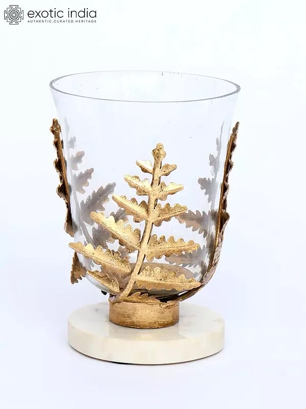 8" Iron Fern Glass Hurricane with Marble Base | Home Decor