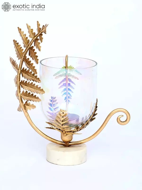 12" Fern Leaves Design Stylish Hurricane with Marble Base | Home Decor