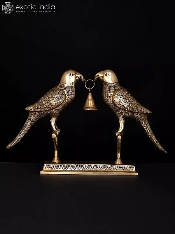 14" Brass Pair of Parrots with a Bell | Table Decor