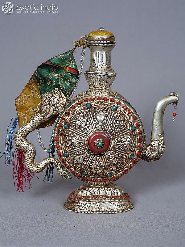 10" Tibetan Tea Pot With Ashtamangala Symbols In Silver With Inlay Work