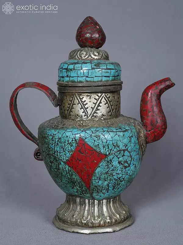 11" Tibetan Kettle With Handle Silver And Inlay Work | Decorative Item