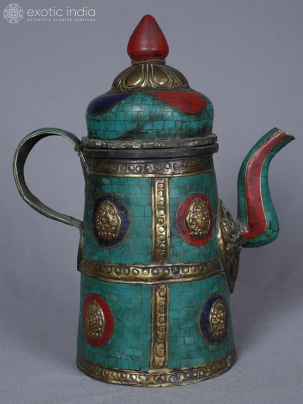 10" Ashtamangala Tea Pot With Handle In Brass With Inlay Work