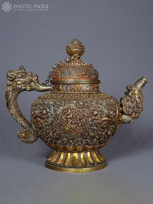 11" Hand Carved Silver And Copper Kettle With Attractive Look