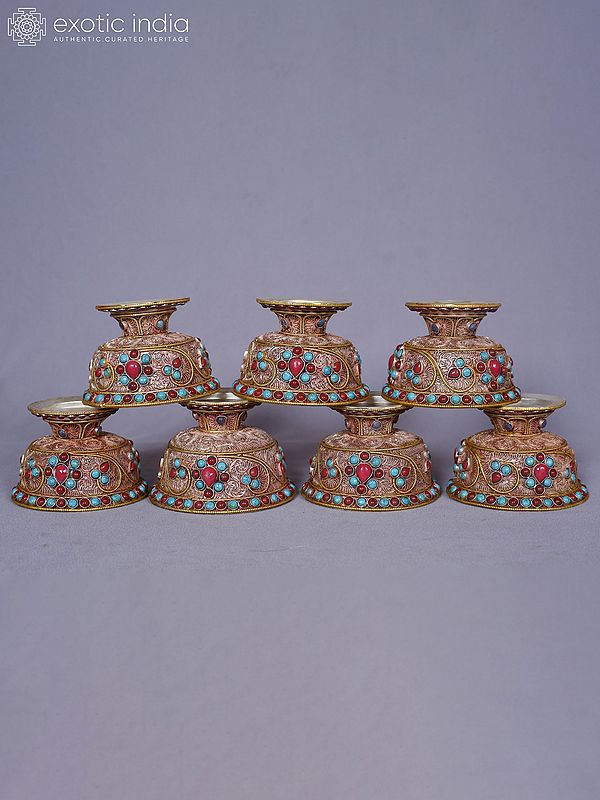 10" Set Of 7 Tibetan Inlaid Gemstone Bowl | Decorative | Kitchen And Dining Utensils