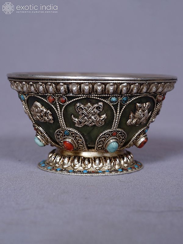 2.5" Tibetan Decorative Silver Bowl With Inlay Work | Kitchen And Dining Utensils