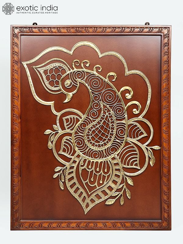 58" Large Wood Framed Designer Peacock in Brass | Wall Hanging