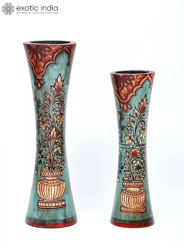 21" Hand-Painted Wooden Flower Vases (Pair) | Home Decor