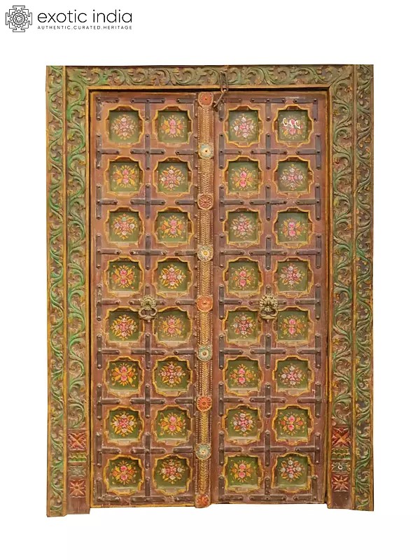 80" Large Floral Design Indian Wood Door With Attractive Carving | Hand Carved Wood Door