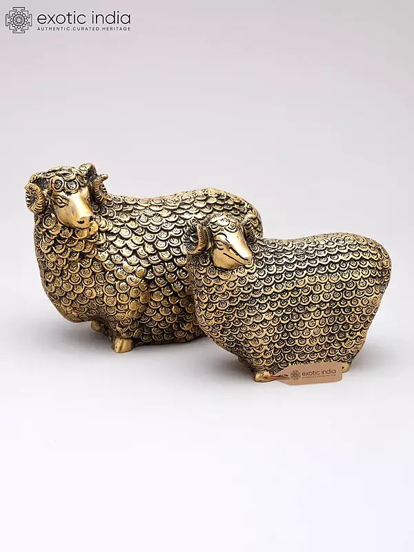 6" Small Pair of Auspicious Sheeps with Prosperity Coins | Brass Statues
