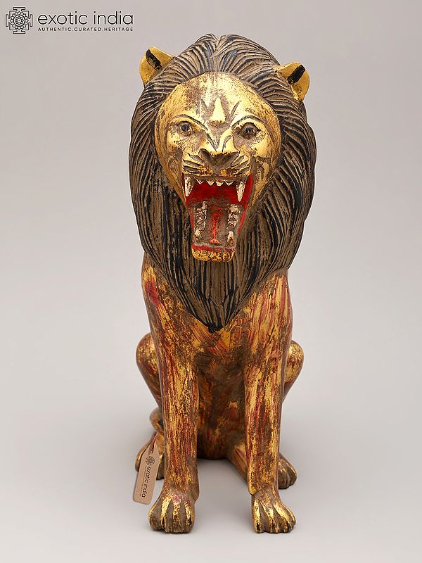 11" Roaring Lion Statue | Wood Carving | Home Decor