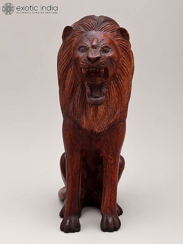 12" Majestic Royal Lion Hand-Carved Wooden Sculpture | Home Decor