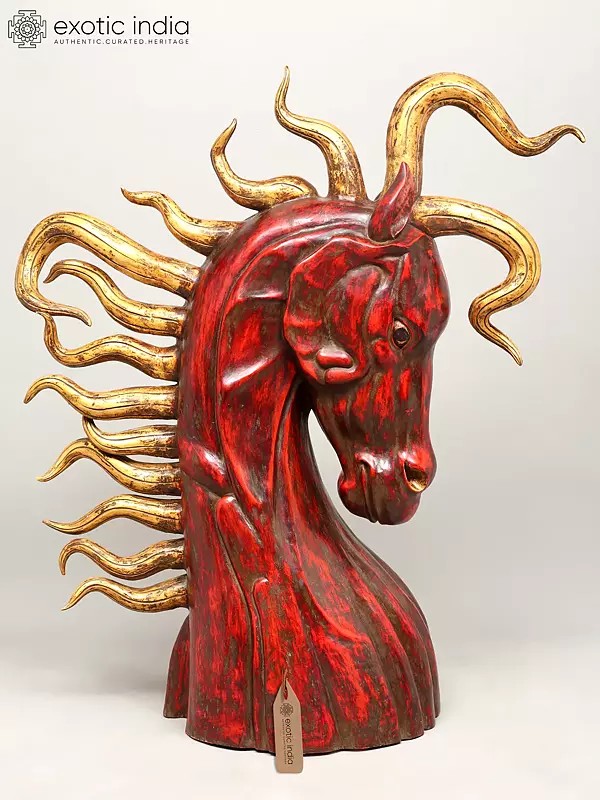 48" Large Majestic Handcrafted Horse Head Sculpture in Red & Gold Finish - Premium Artistic Decor