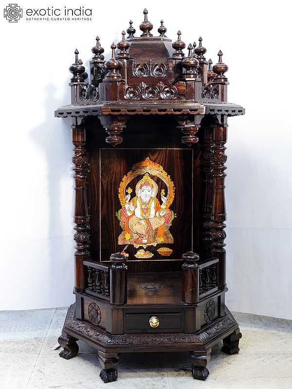 54" Handmade Rosewood Puja Mandir with Ganesha Motifs