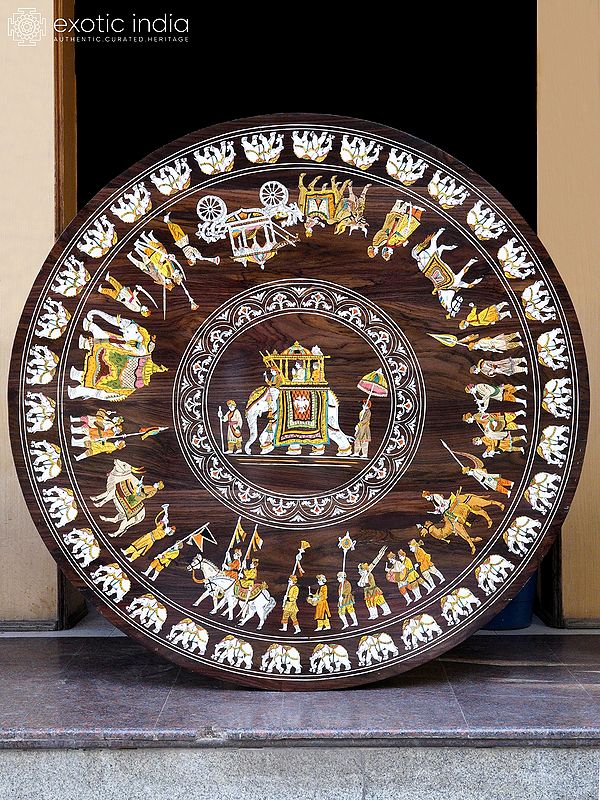 48" Round Table Top with Royal Procession of King | Rosewood Item For Home