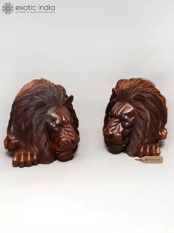 48" The King of Jungle: Large Size Pair of Lions | Wood Carved Statues | Home Decor