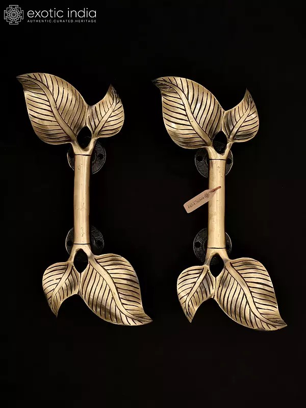 13" Leaf Design Brass Door Handles Pair