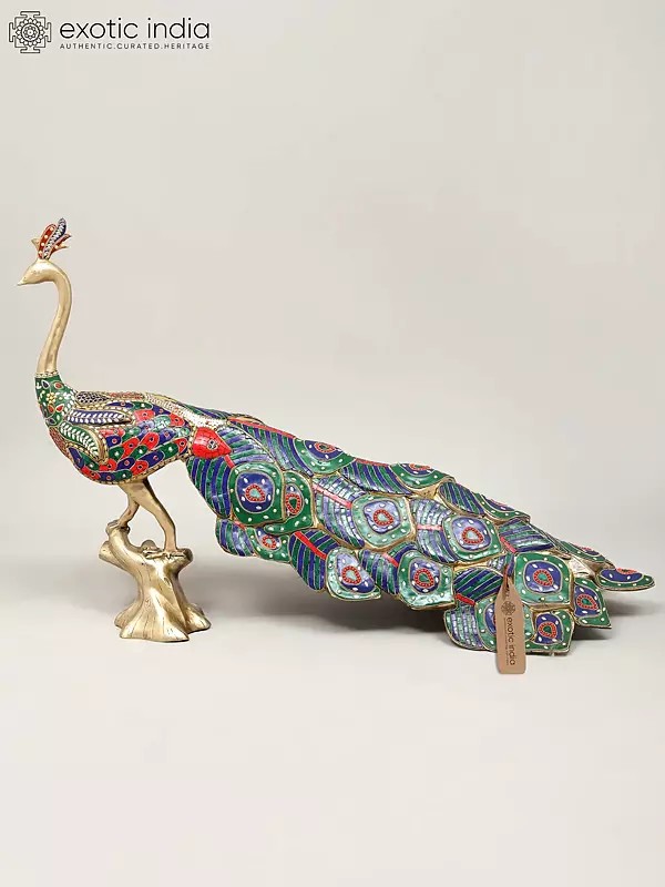 36" Large Size Peacock | Brass Statue with Inlay Work