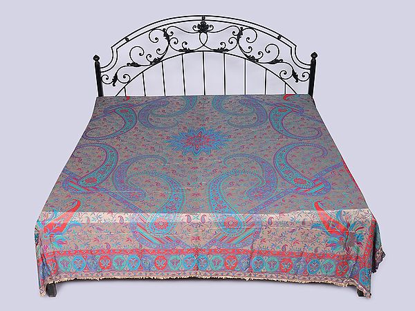 Almond-Milk Reversible Jamawar Queen Size Bedspread with Woven Paisleys