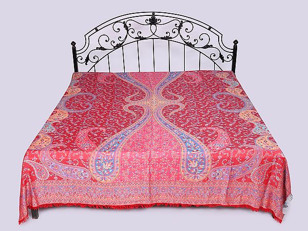 Reversible Jamawar Queen Size Bedspread with Woven Flowers and Paisleys