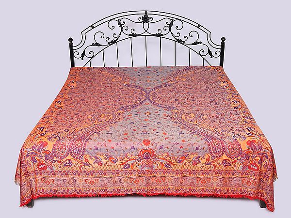 Multicolor Reversible Jamawar Queen Size Bedspread with Woven Paisleys and Flowers