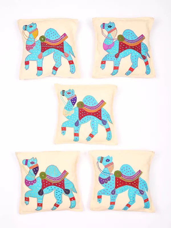 Lot of Five Applique Camel Cushion Covers with Kantha Embroidery