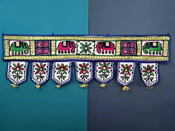 Whisper-White Toran for the Doorstep with Multicolor Mirror Embroidered Elephant And Flower