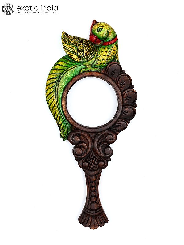 18" Parrot Design Wall Hanging Mirror | Wood Carving