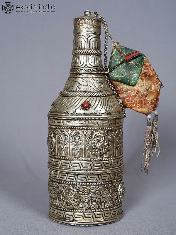 10" Copper Silver Plated Tibetan Bottle With Ashtamangala Symbols | Buddhist Ritual Item