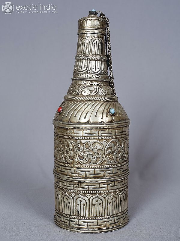 10" Copper Silver Plated Handmade Tibetan Bottle With Cap | Buddhist Ritual Item