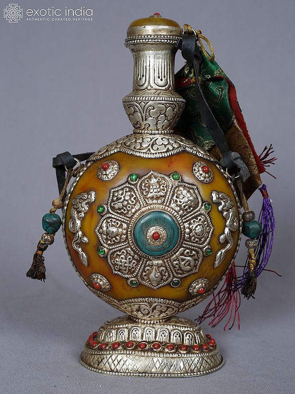 8" Attractive Snuff Bottle With Ashtamangala Symbols And Cap In White Metal