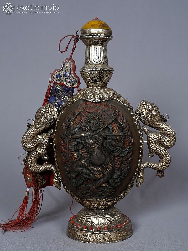 10" Yogini Carved Water Pot In Tibetan Style With Two Sided Dragon Handle In Resin And White Metal