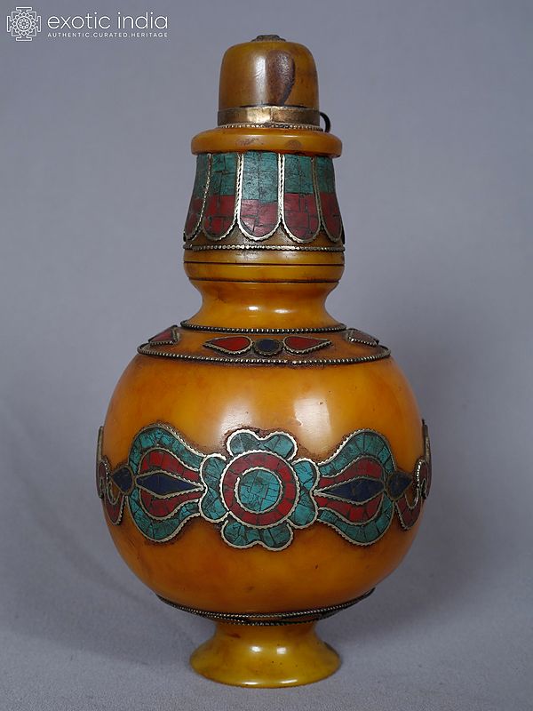 9" Tibetan Buddhist Ritual Pot With Dorje In Amber With Stones Turquoise Coral And Lapis